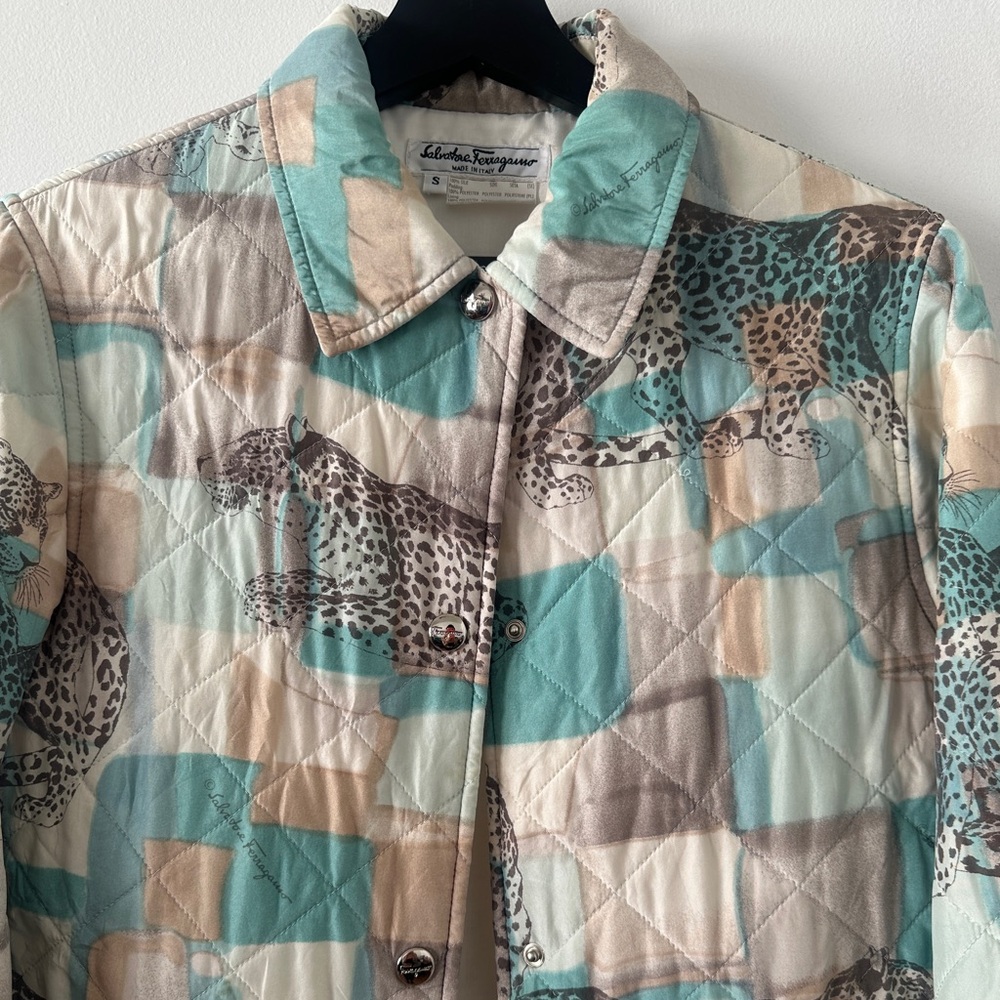 Vintage RARE Salvatore Ferragamo Quilted Silk Allover Leopard Print Jacket